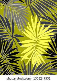 Tropical seamless pattern with exotic palm leaves. Vector illustration. Nature seamless pattern. Hand drawn abstract tropical summer background : palm tree leaves in silhouette, line art. Flat jungle 