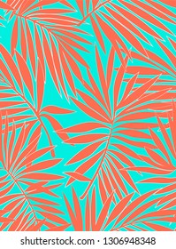 Tropical seamless pattern with exotic palm leaves. Vector illustration. Nature seamless pattern. Hand drawn abstract tropical summer background : palm tree leaves in silhouette, line art. Flat jungle 