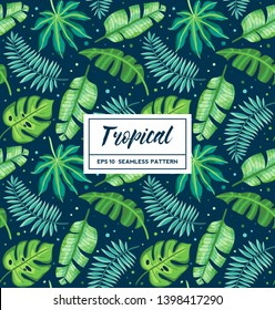 Tropical seamless pattern with exotic palm leaves on dark background. Perfect for wallpapers, pattern fills, web page backgrounds, surface and fabric textures.