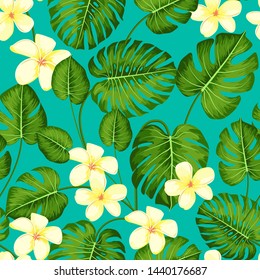 Tropical seamless pattern with exotic palm leaves and tropical flower. Tropical monstera. Hawaiian style. Vector illustration.