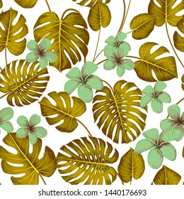 Tropical seamless pattern with exotic palm leaves and tropical flower. Tropical monstera. Hawaiian style. Vector illustration.