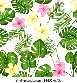 Tropical seamless pattern with exotic palm leaves and tropical flower. Tropical monstera. Hawaiian style. Vector illustration.