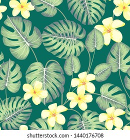 Tropical seamless pattern with exotic palm leaves and tropical flower. Tropical monstera. Hawaiian style. Vector illustration.