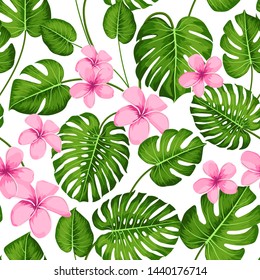Tropical seamless pattern with exotic palm leaves and tropical flower. Tropical monstera. Hawaiian style. Vector illustration.