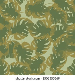 Tropical seamless pattern with exotic palm leaves and tropical flower. Tropical monstera. Hawaiian style.  Stylized watercolor.