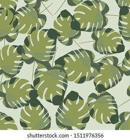Tropical seamless pattern with exotic palm leaves and tropical flower. Tropical monstera. Hawaiian style.  Stylized watercolor.