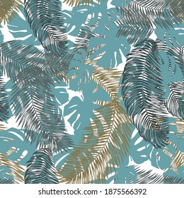Tropical seamless pattern with exotic palm leaves. Hand-drawn outlines and silhouettes of leaves on a white background. Drawn with pen and ink. Botanical design. Plants jungle.