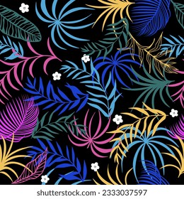 Tropical seamless pattern with exotic palm leaves and flowers. Vector illustration.