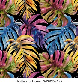 Tropical seamless pattern with exotic palm leaves. Watercolor Vector illustration.
