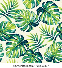 Tropical seamless pattern with exotic palm leaves. Vector illustration.