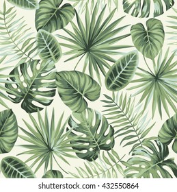 Tropical seamless pattern with exotic palm leaves. Vector illustration.