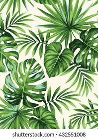 Tropical seamless pattern with exotic palm leaves. Vector illustration.