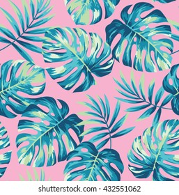 Patrón tropical sin costuras con hojas de palmera exóticas. Ilustración vectorial.
