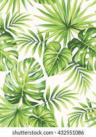 Tropical seamless pattern with exotic palm leaves. Vector illustration.