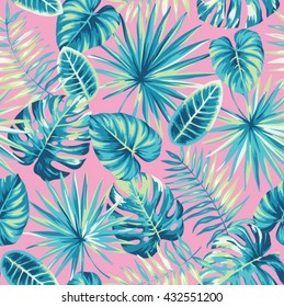 Tropical seamless pattern with exotic palm leaves. Vector illustration.