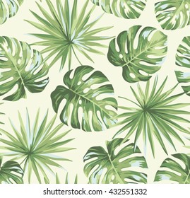 Tropical seamless pattern with exotic palm leaves. Vector illustration.