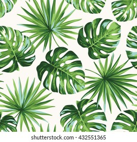 Tropical seamless pattern with exotic palm leaves. Vector illustration.