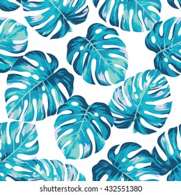 Tropical seamless pattern with exotic palm leaves. Vector illustration.