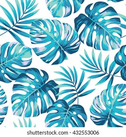 Tropical seamless pattern with exotic palm leaves. Vector illustration.