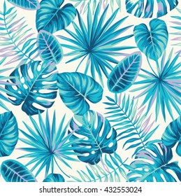 Tropical seamless pattern with exotic palm leaves. Vector illustration.