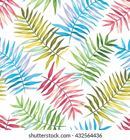 Tropical seamless pattern with exotic palm leaves. Vector illustration.