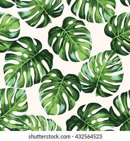 Tropical seamless pattern with exotic palm leaves. Vector illustration.