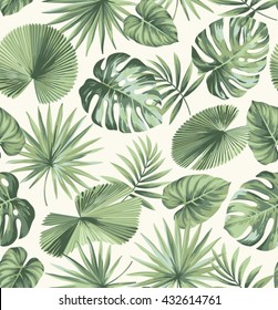 Tropical seamless pattern with exotic palm leaves. Vector illustration.