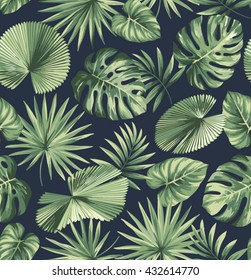 Tropical seamless pattern with exotic palm leaves. Vector illustration.
