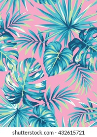 Tropical seamless pattern with exotic palm leaves. Vector illustration.