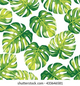 Patrón tropical sin fisuras con hojas de palma exóticas. Ilustración vectorial.