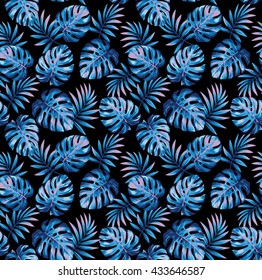 Tropical seamless pattern with exotic palm leaves. Vector illustration.