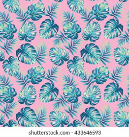 Tropical seamless pattern with exotic palm leaves. Vector illustration.