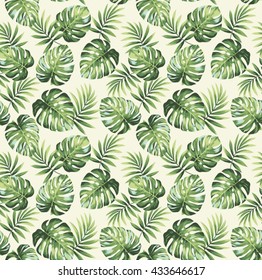 Tropical seamless pattern with exotic palm leaves. Vector illustration.