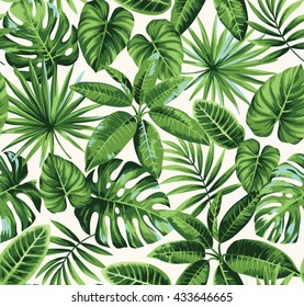 Tropical seamless pattern with exotic palm leaves. Vector illustration.