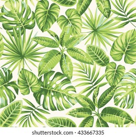 Tropical seamless pattern with exotic palm leaves. Vector illustration.