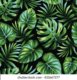 Tropical seamless pattern with exotic palm leaves. Vector illustration.
