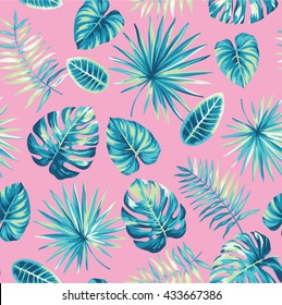 Tropical Seamless Pattern With Exotic Palm Leaves. Vector Illustration.