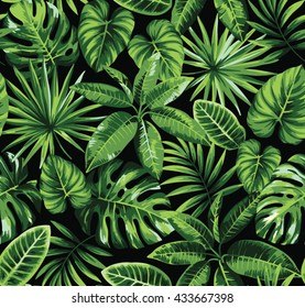 Tropical seamless pattern with exotic palm leaves. Vector illustration.