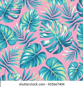 Tropical seamless pattern with exotic palm leaves. Vector illustration.