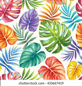 Tropical seamless pattern with exotic palm leaves. Vector illustration.