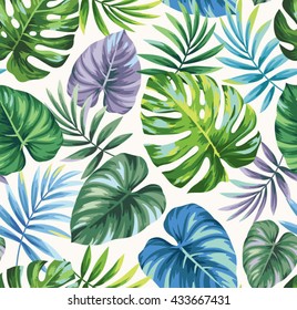 Tropical seamless pattern with exotic palm leaves. Vector illustration.