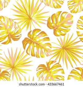 Tropical seamless pattern with exotic palm leaves. Vector illustration.