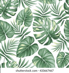 Tropical seamless pattern with exotic palm leaves. Vector illustration.