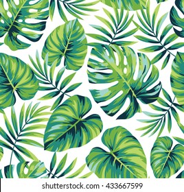 Tropical seamless pattern with exotic palm leaves. Vector illustration.