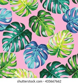 Tropical seamless pattern with exotic palm leaves. Vector illustration.