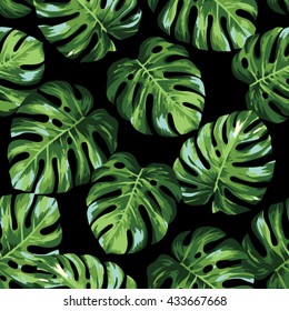 Tropical seamless pattern with exotic palm leaves. Vector illustration.