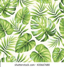 Tropical seamless pattern with exotic palm leaves. Vector illustration.