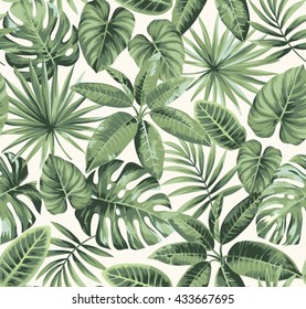 Tropical seamless pattern with exotic palm leaves. Vector illustration.