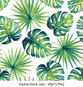 Tropical seamless pattern with exotic palm leaves. Vector illustration.