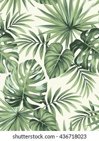 Tropical seamless pattern with exotic palm leaves. Vector illustration.